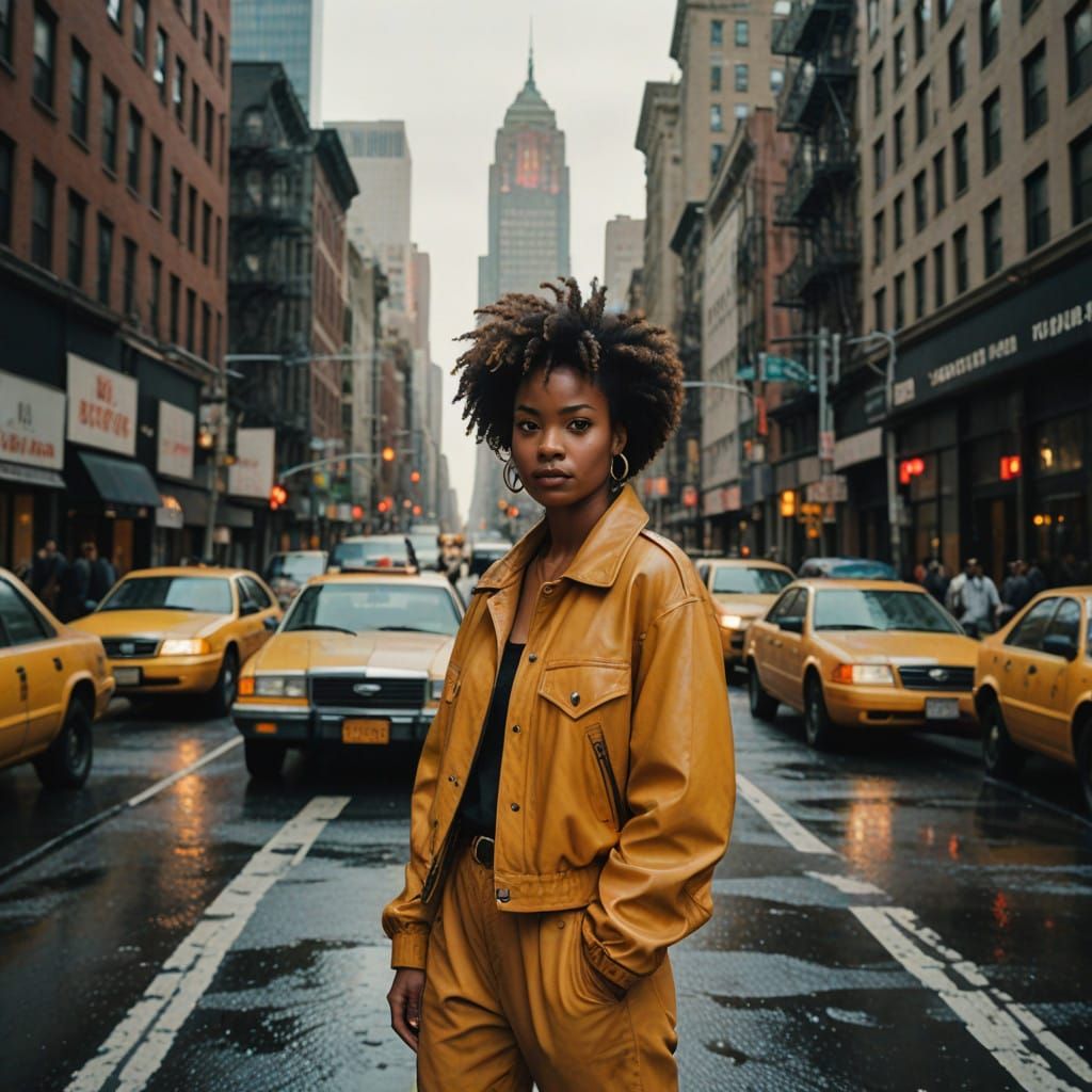 Empowered Woman on Rainy New York Streets in 90s Fashion