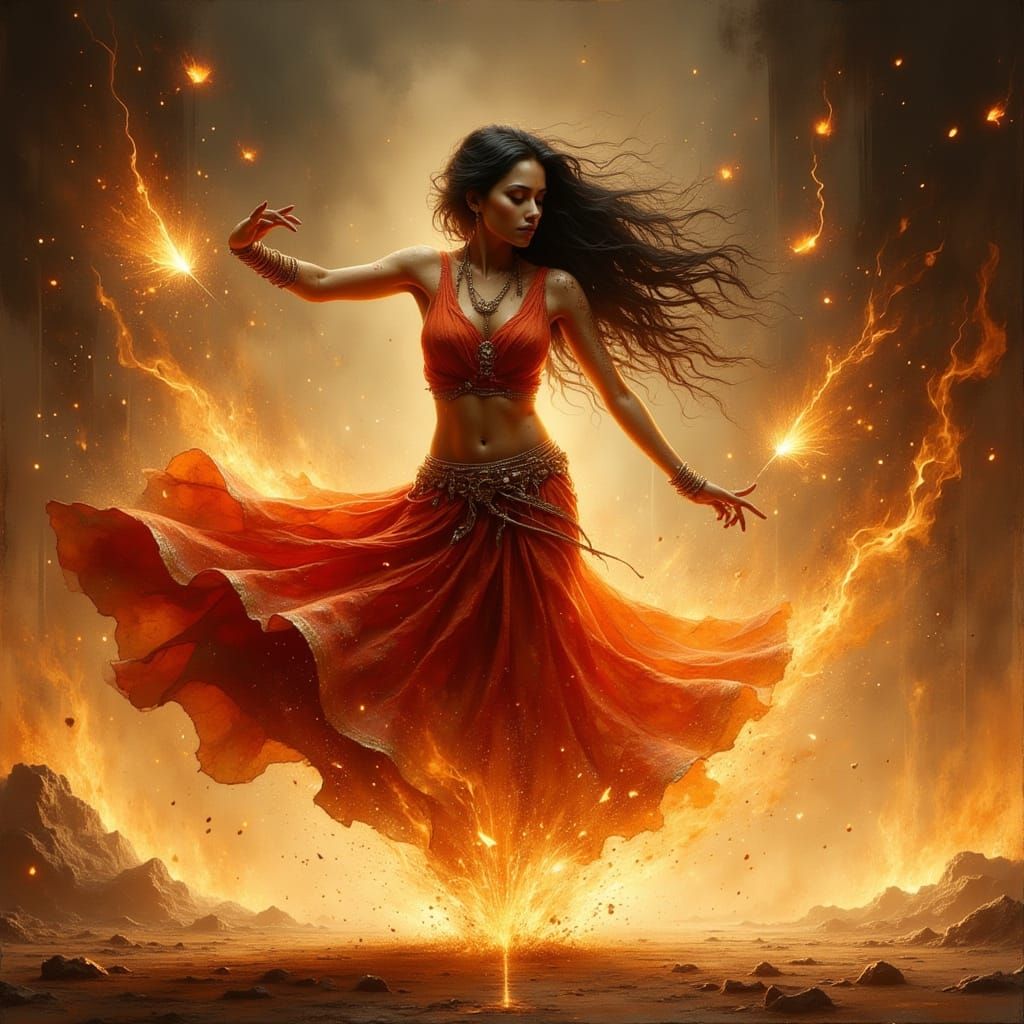 Indian Woman in Fiery Sari Flings Flaming Chakrams Mid-Air