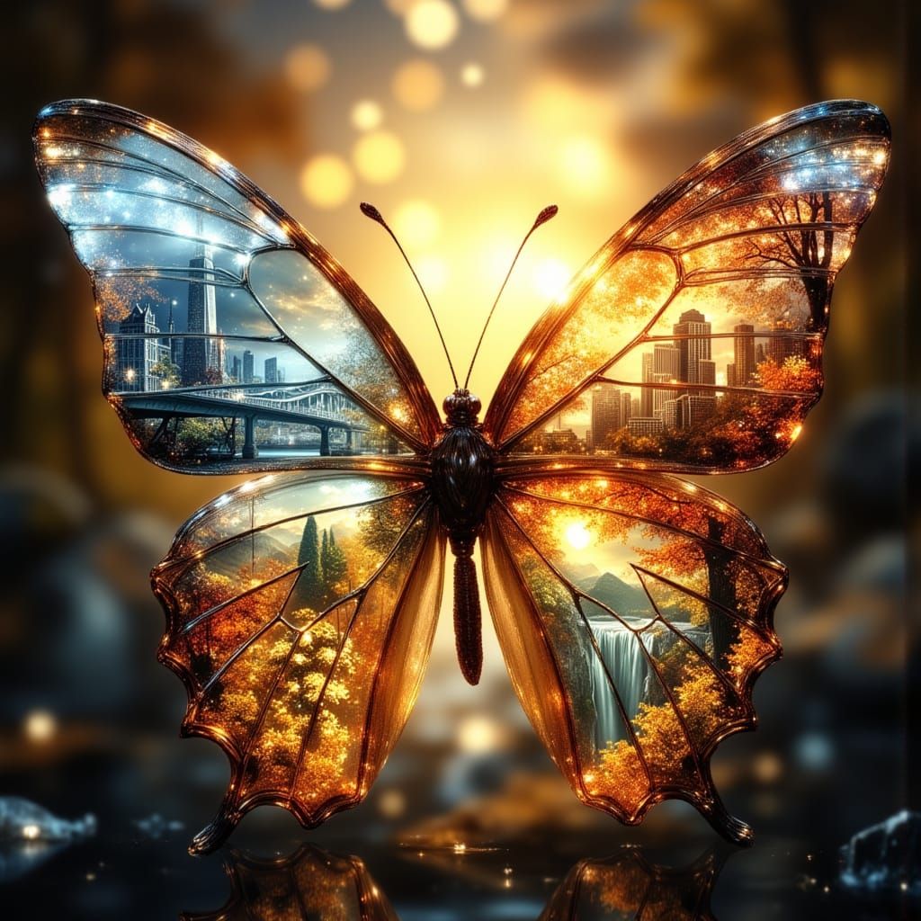 Glass Butterfly With Cityscapes On Wings & Golden Sun