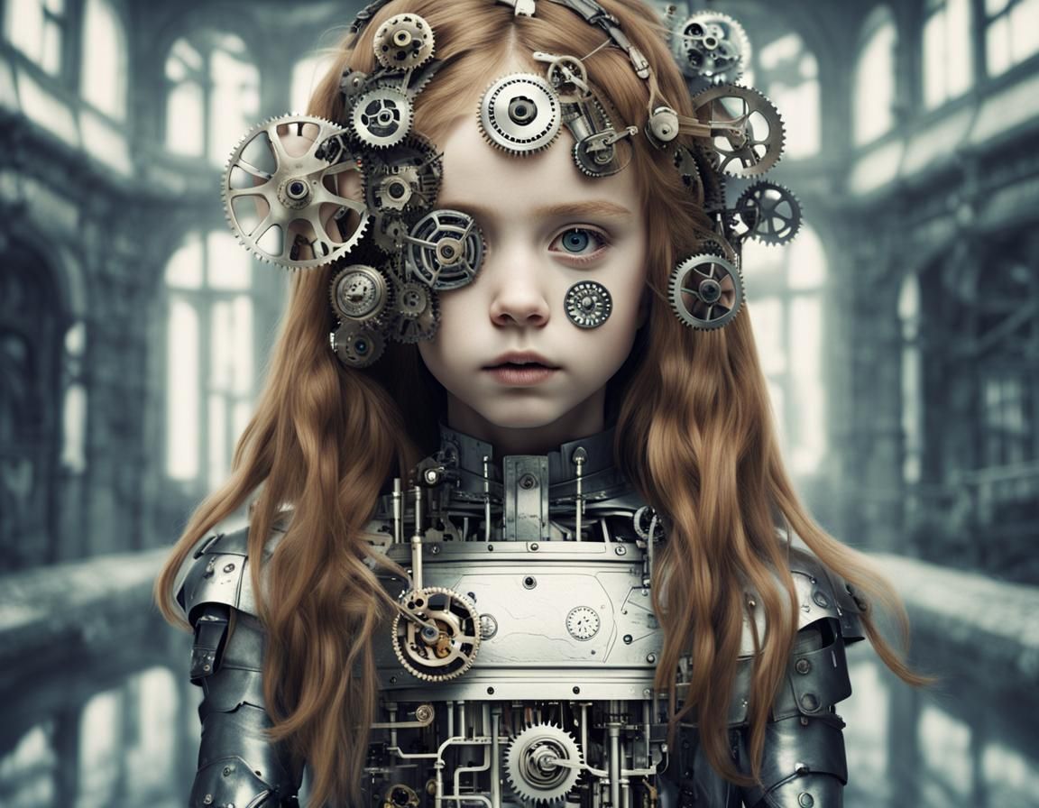 Clockwork Cyborg Girl with Real Skin and Metal Dress