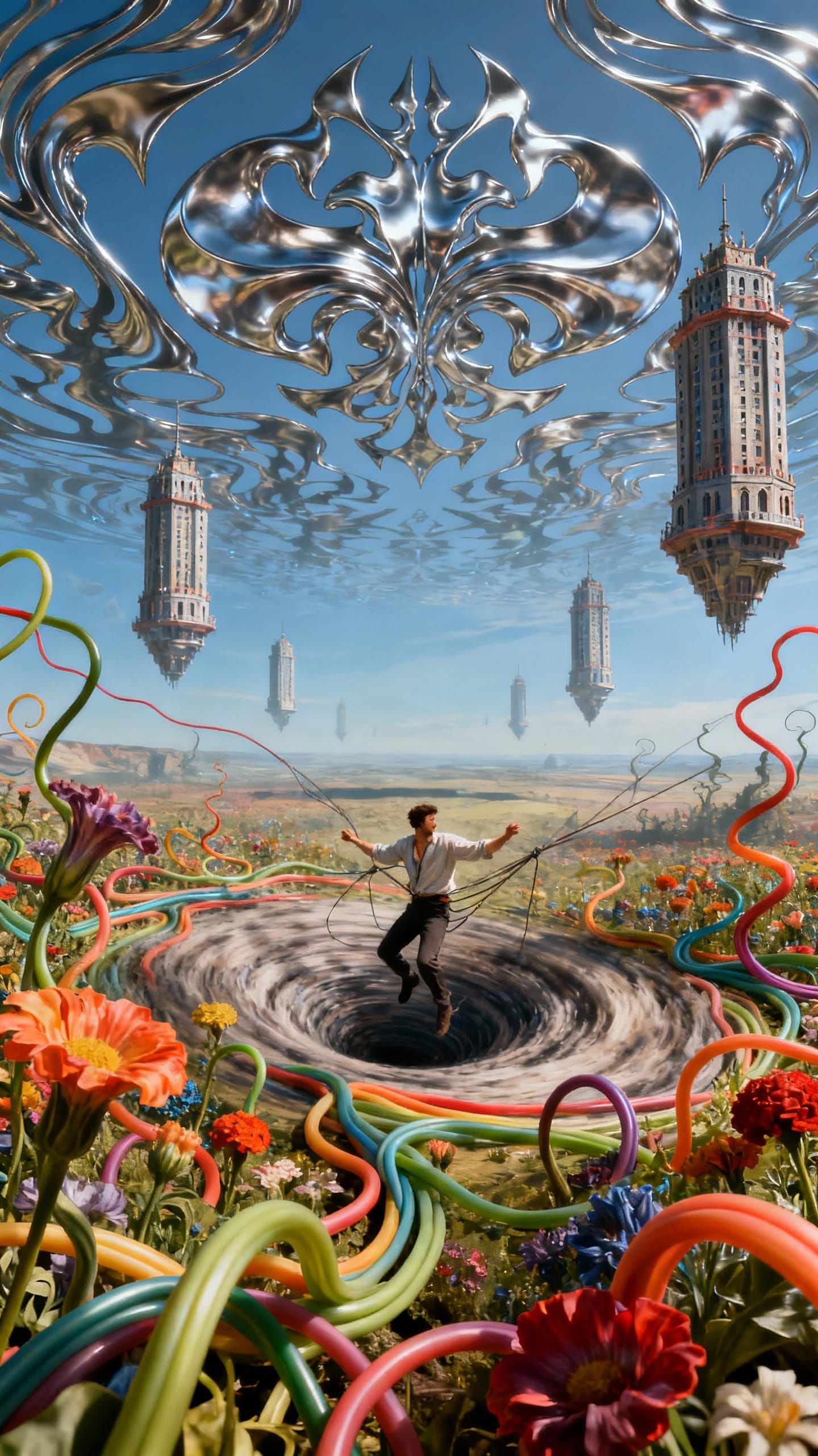 Surreal Landscape with Man Pulled into Vortex
