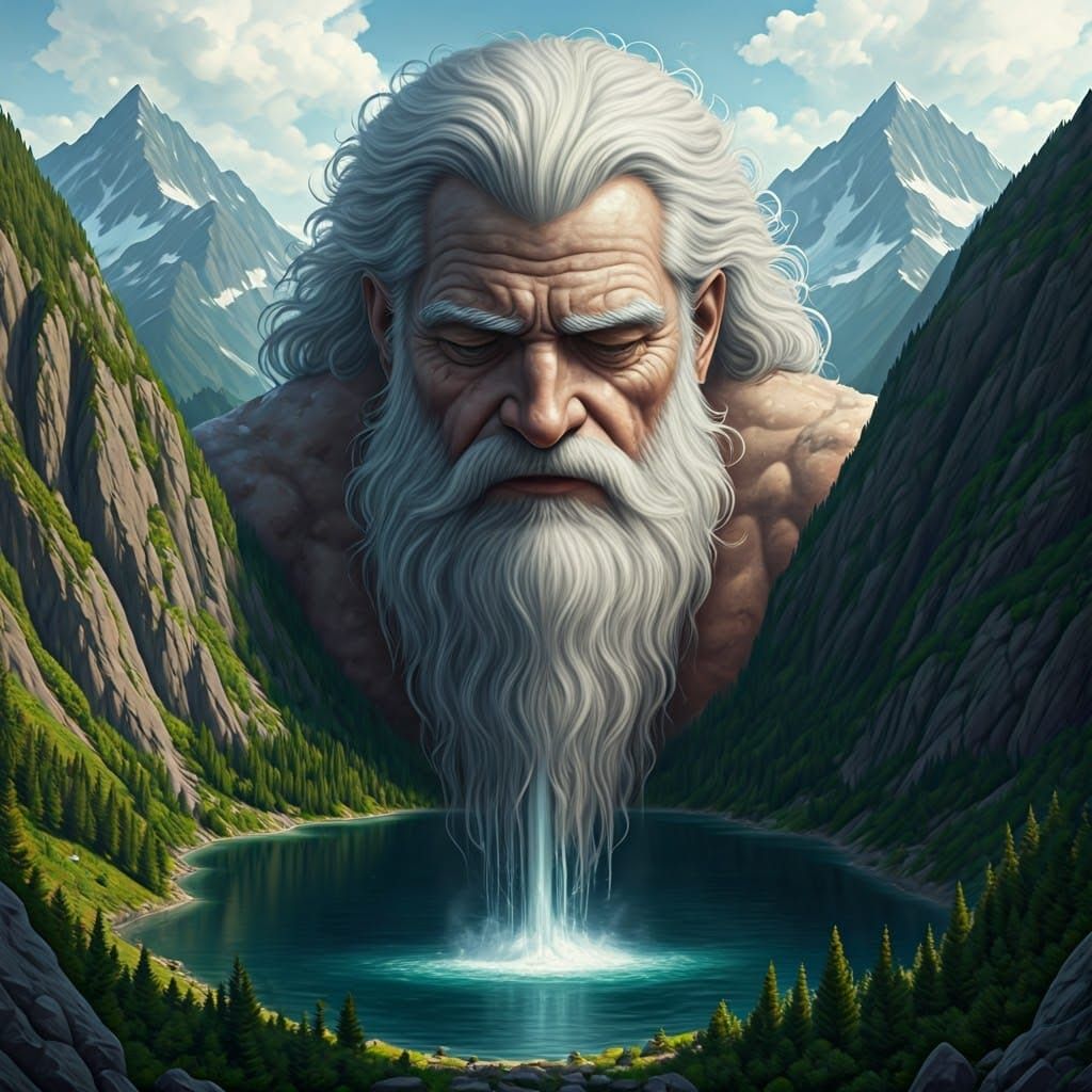 Giant with Waterfall Beard Overlooking Mountain Lake