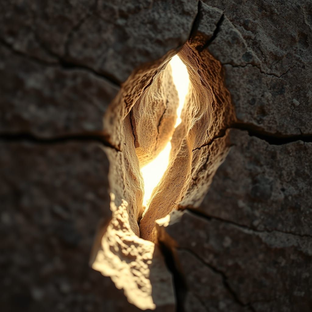 Ancient Stone Cracked with Light, Hyperrealistic Macro Photo
