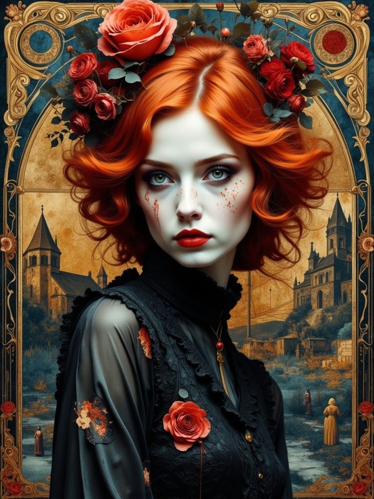 Floralcore Portrait in Retro Gothic Style