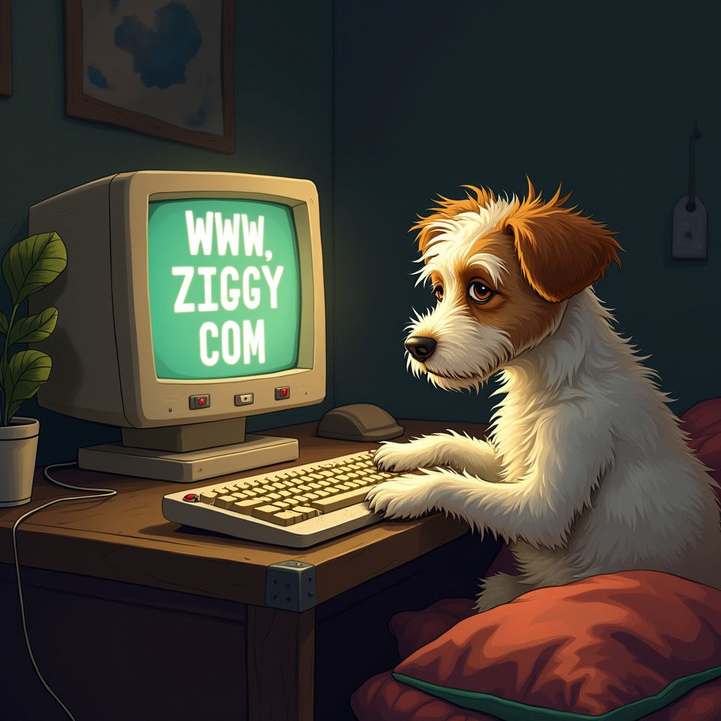 Dog Typing on Computer in Retro Style