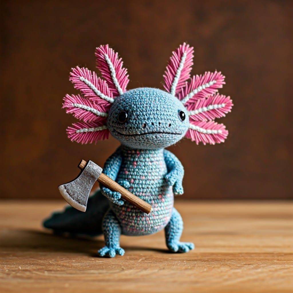 Whimsical Axolotl Sculpture with Miniature Axe