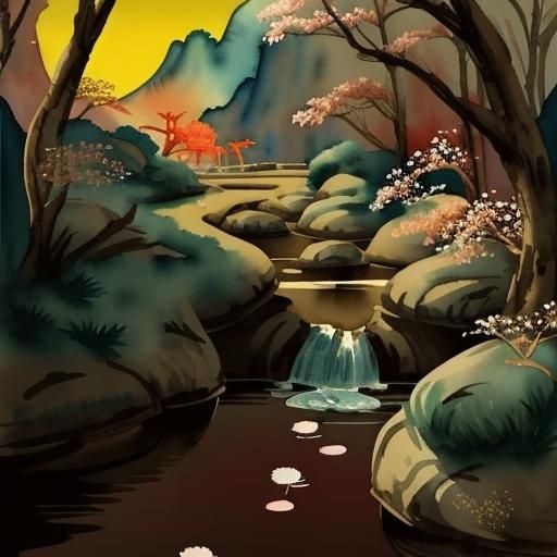 Lunar New Year Watercolor Landscape in Zen Style