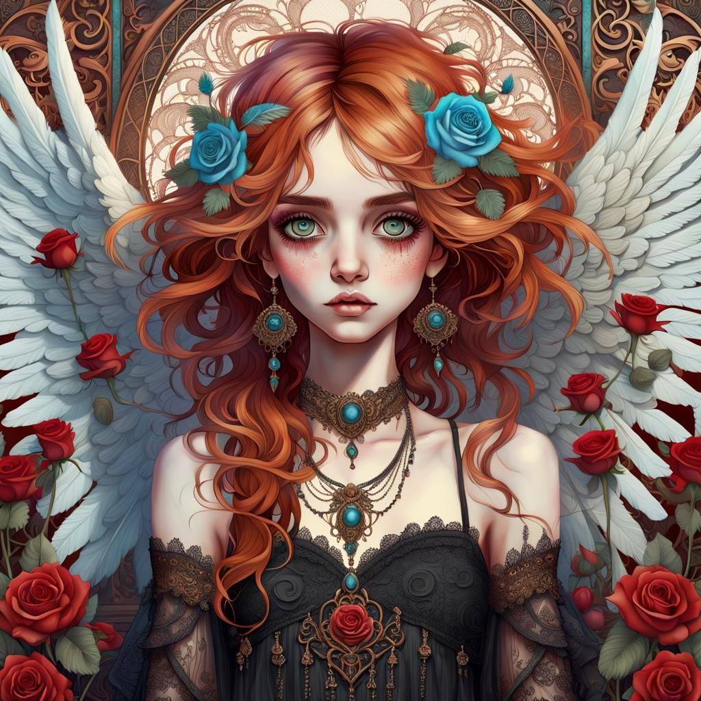 Punky Female Angel with Art Nouveau Border