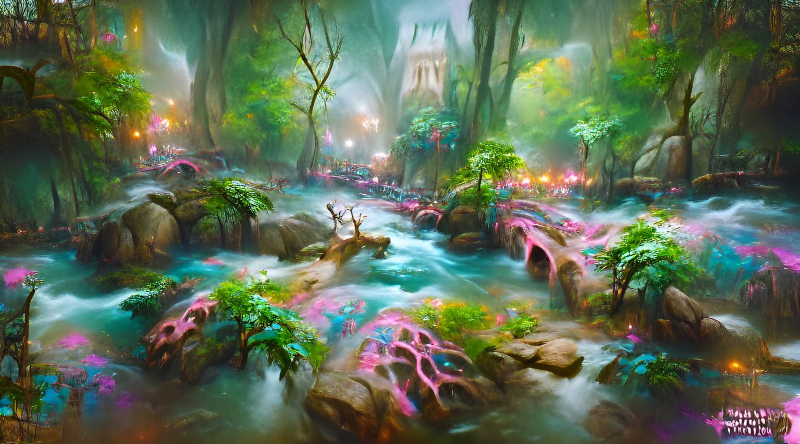 Mystical Forest River with Neon Flora