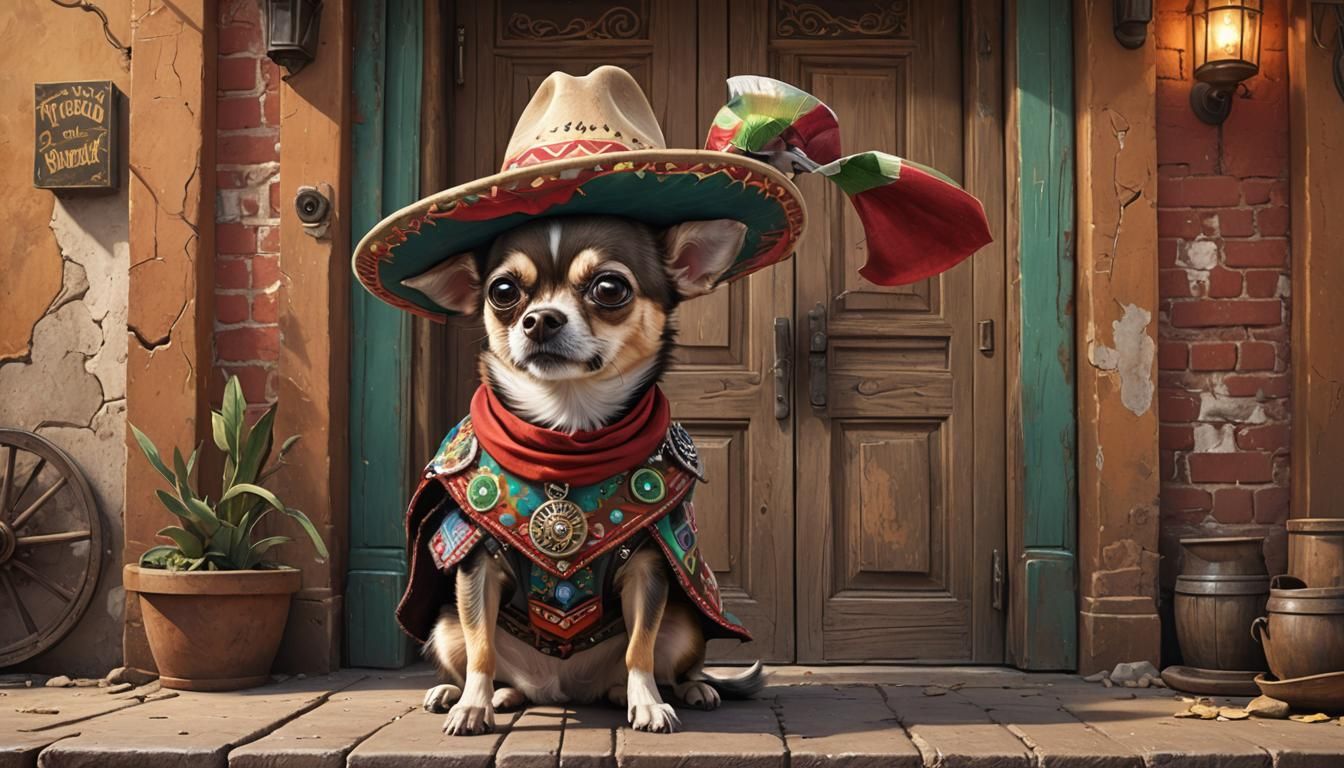digital painting whimsical funny chihuahua dressed with Mexican bandit clothes with large hat, in front of door of Mexic...