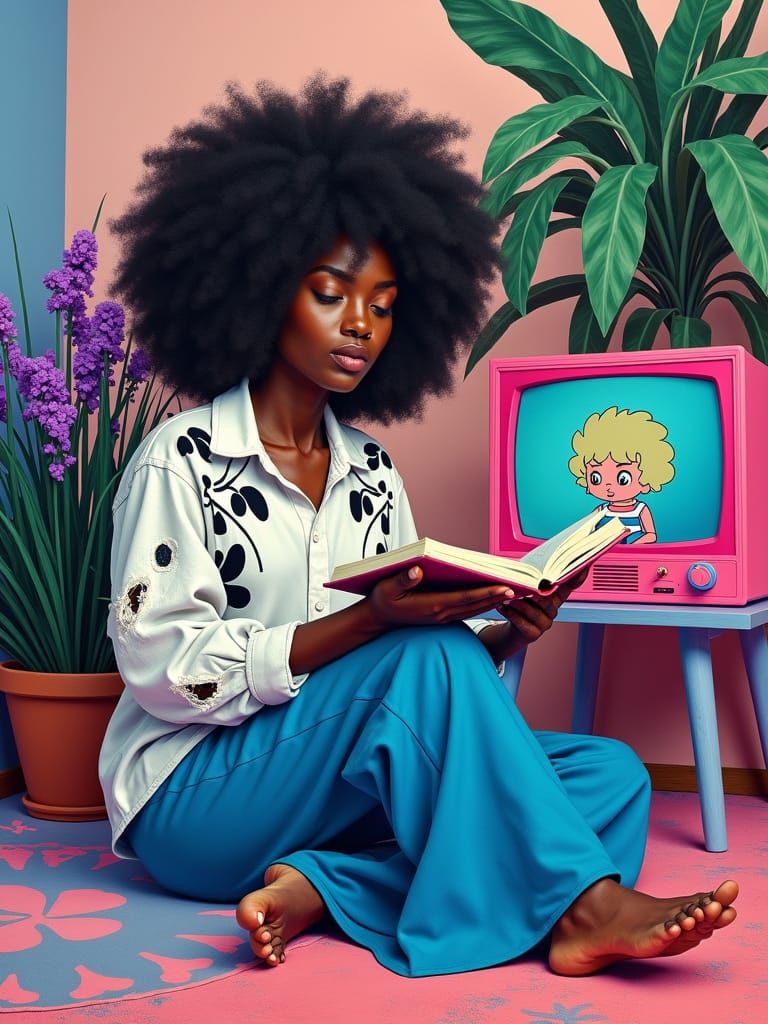 Palette Knife Abstract of Woman Reading Among Plants