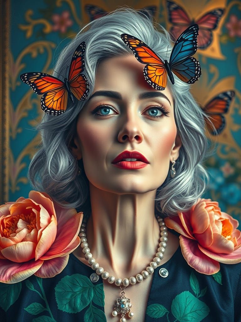 Surreal Art Deco Portrait with Butterflies and Flowers