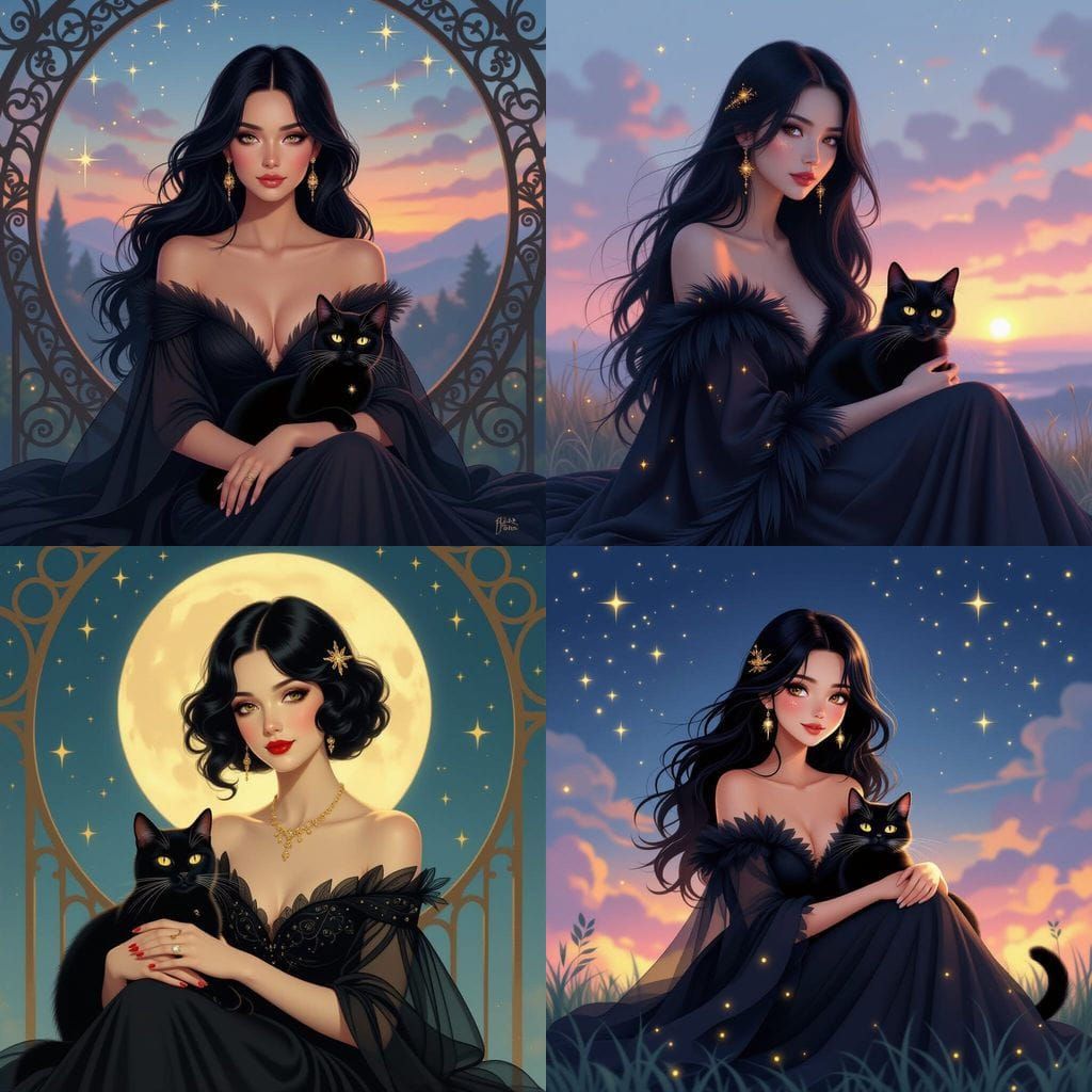 Lady with Cat in Twilight, Golden Sparkles