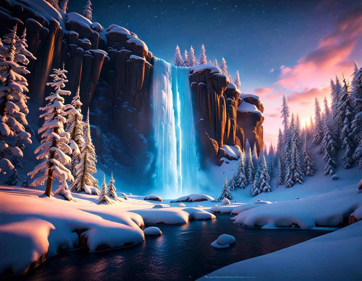 Frozen Waterfall Under Aurora, Fantasy Concept Art