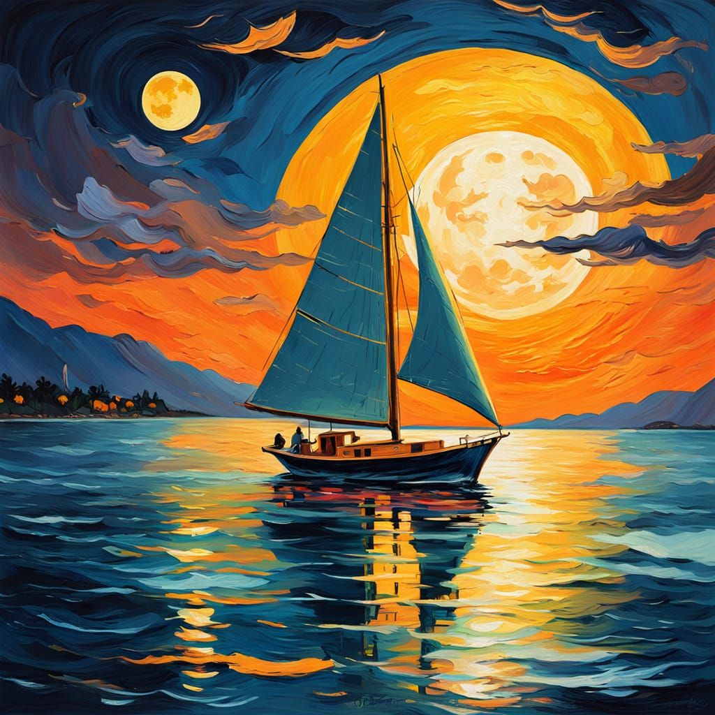 Sailboat Silhouetted Against Moon in Fauvist Painting