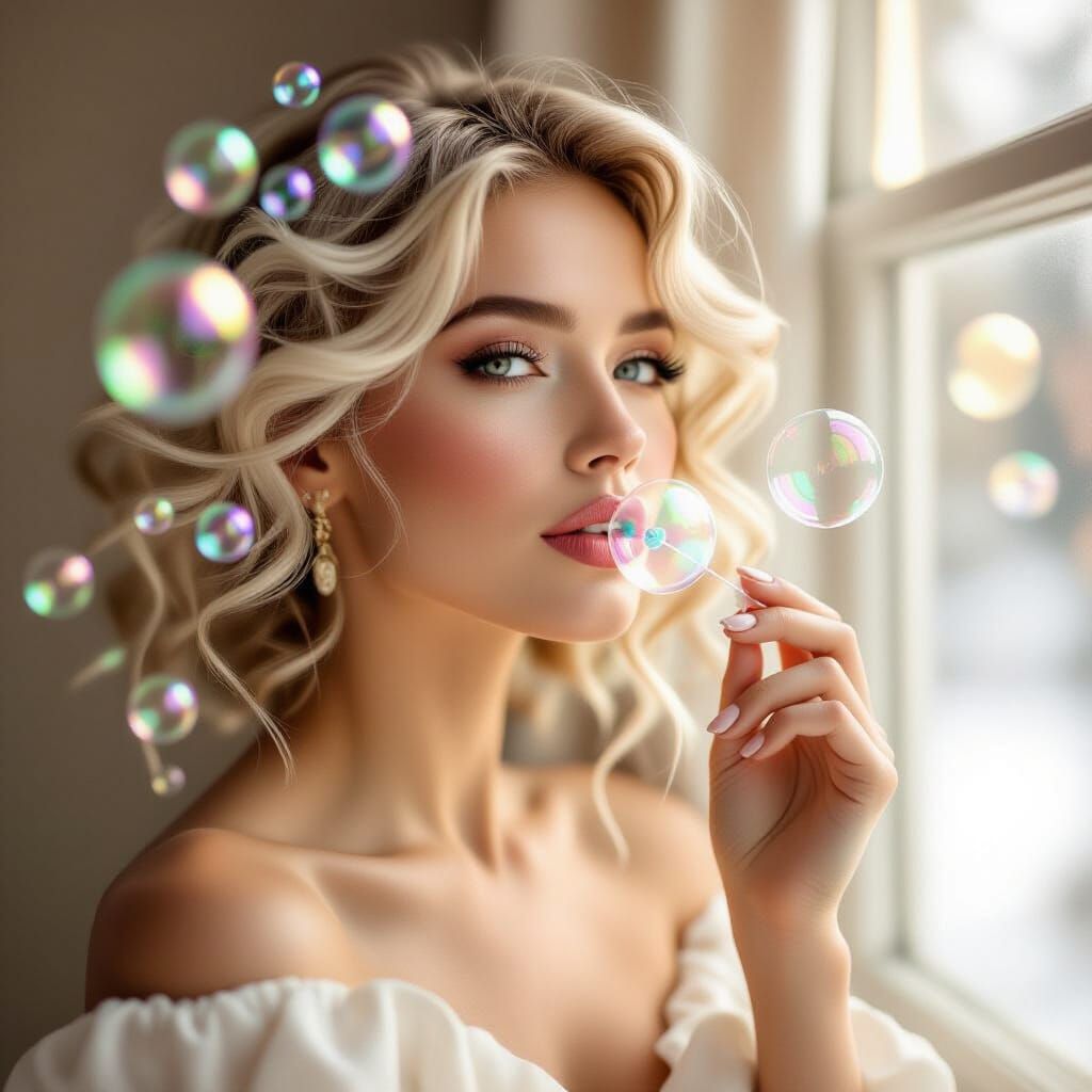 Woman Blowing Iridescent Bubbles in Soft Light