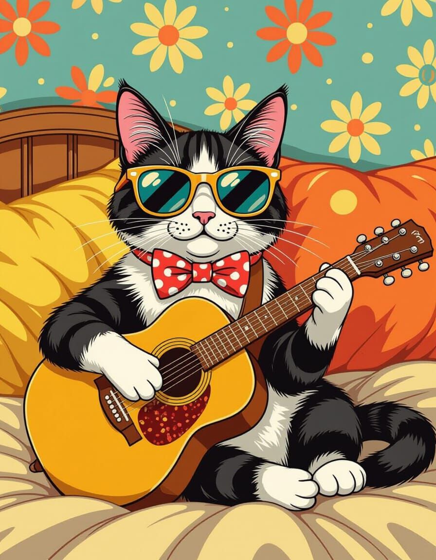 Cat Plays Guitar in Whimsical Pop Art Style