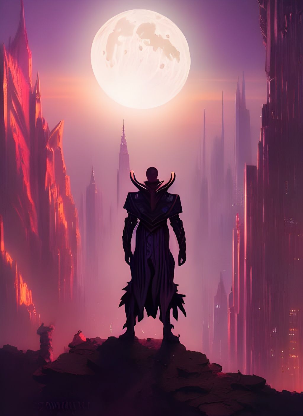 Warlock Overlooks Arcane Metropolis in Fantasy Art