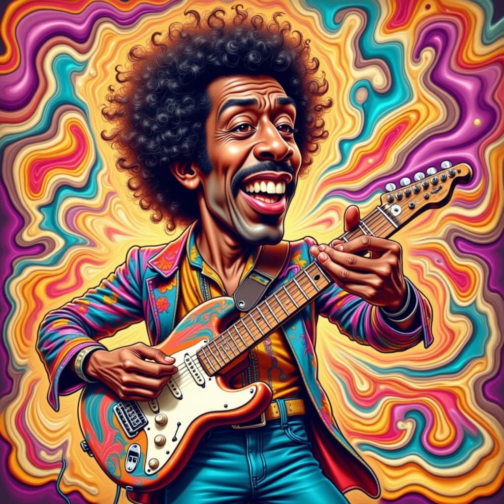 Jimi Hendrix Caricature in Psychedelic Pop Art Style