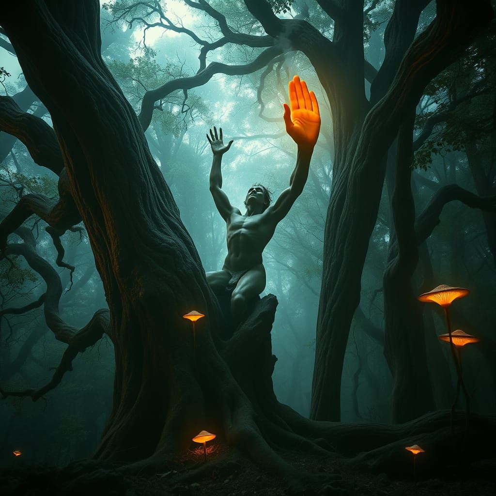 Mystical Creation of Humans from Wood in a Primeval Forest