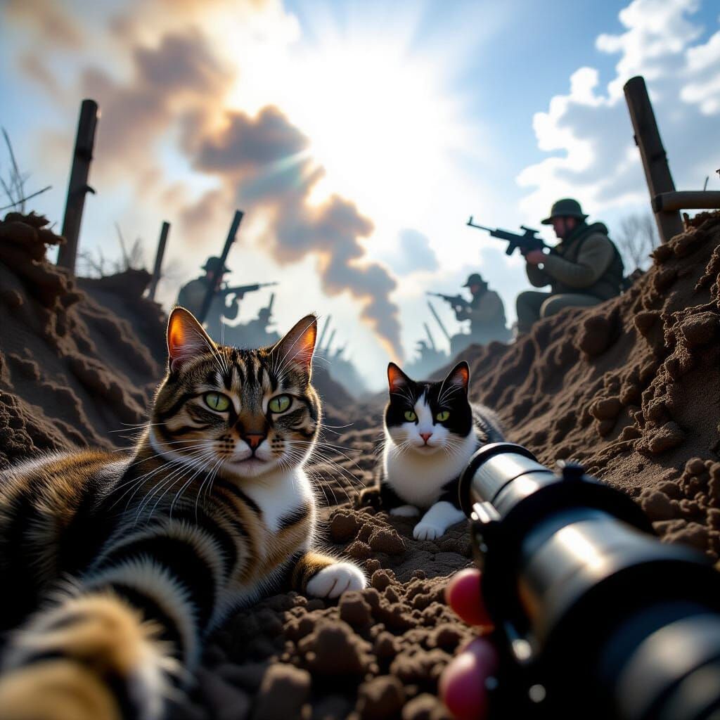 Whimsical Cat Selfie in Dramatic Trench Warfare Scene