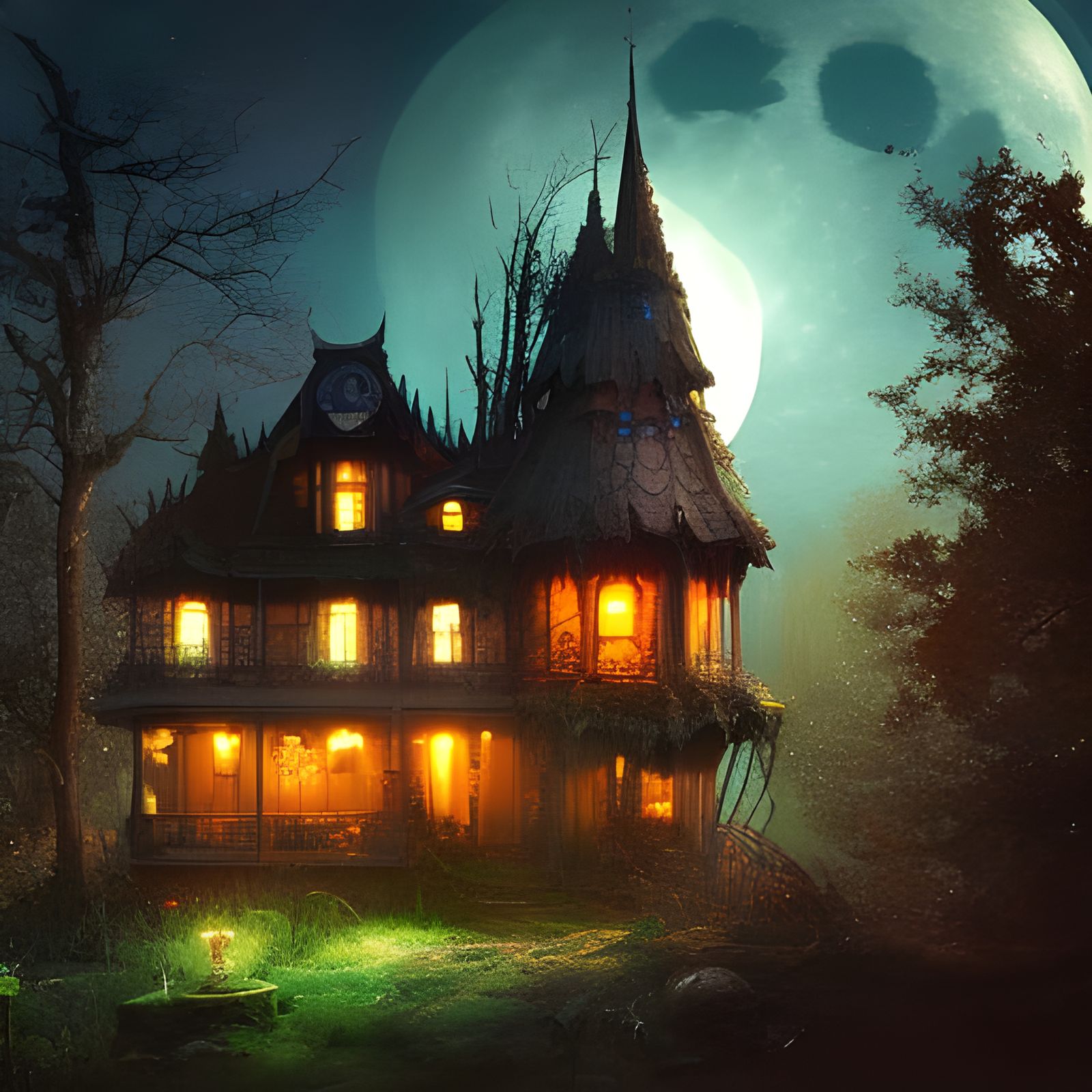 Creepy Witches House Under Full Moon
