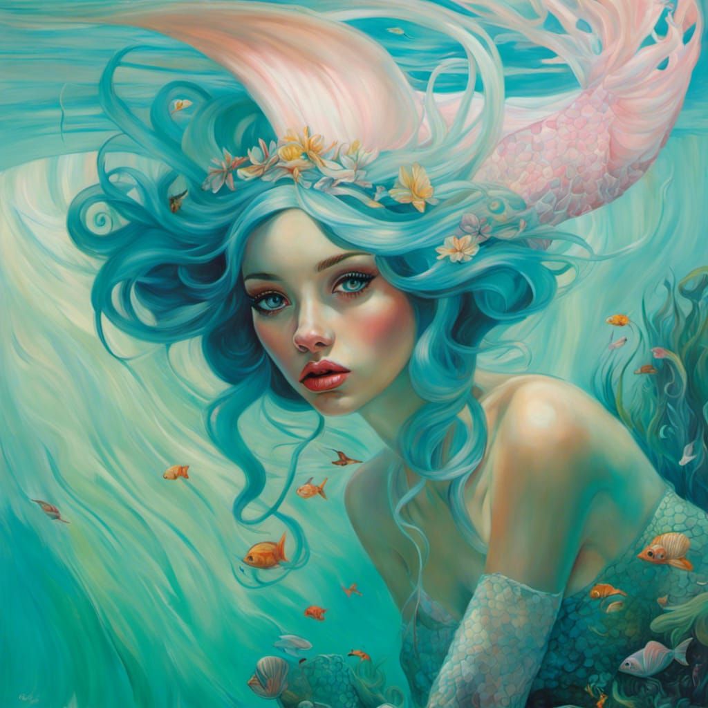 Ethereal Mermaid Princess Portrait in Double Vision Style