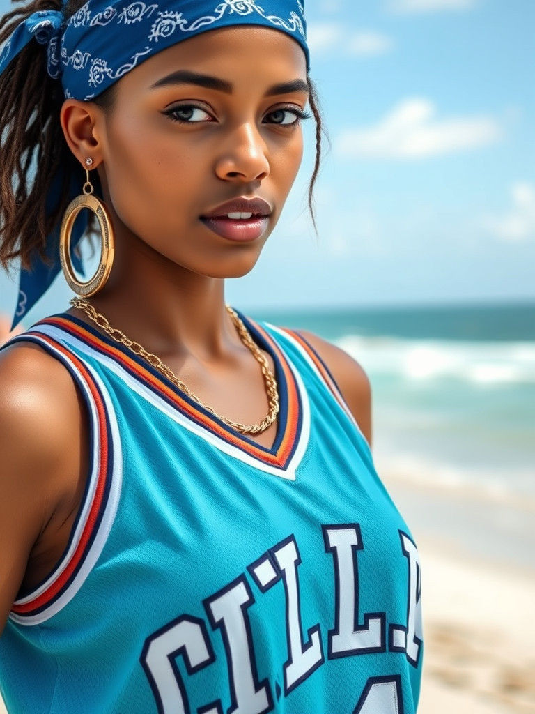 Young Woman in Miami Wearing Basketball Jersey