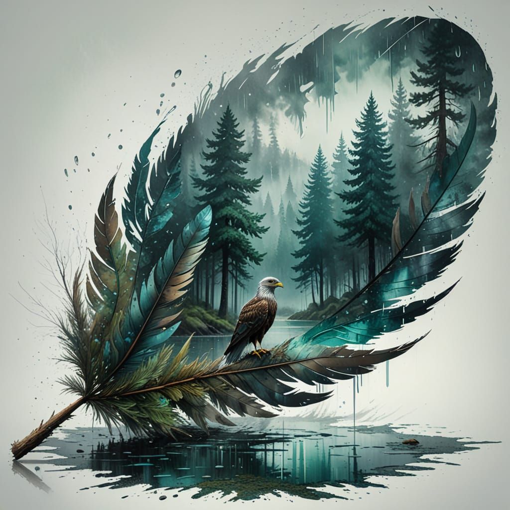 Ethereal Nature Scene with Eagle Feather and Pine Forest