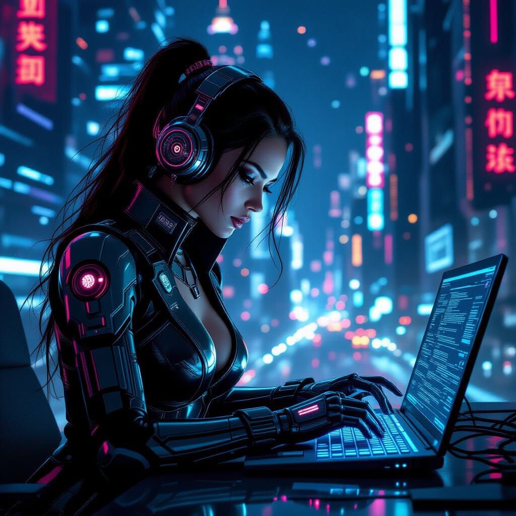 Female Hacker in Steampunk Suit Works on Neon Data Stream