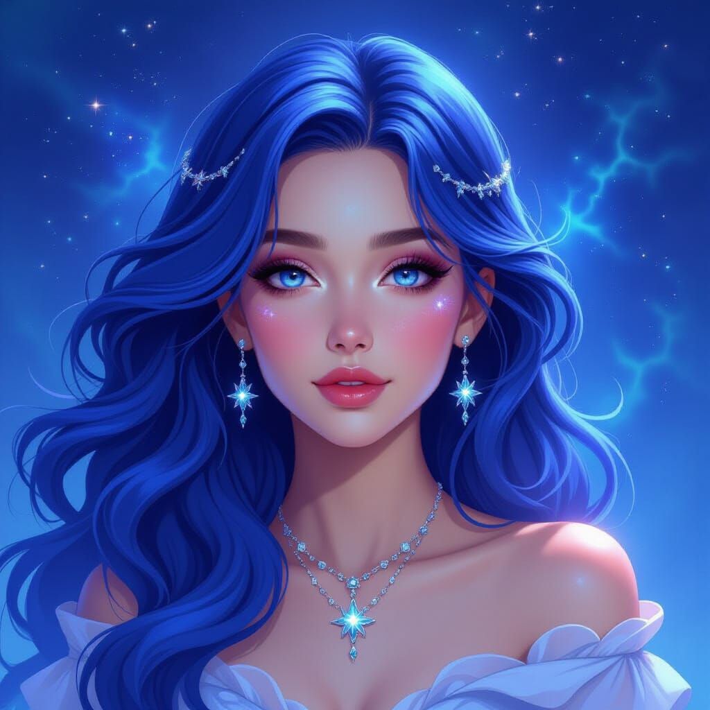 Ethereal Female Figure with Sapphire Hair and Celestial Jewe...