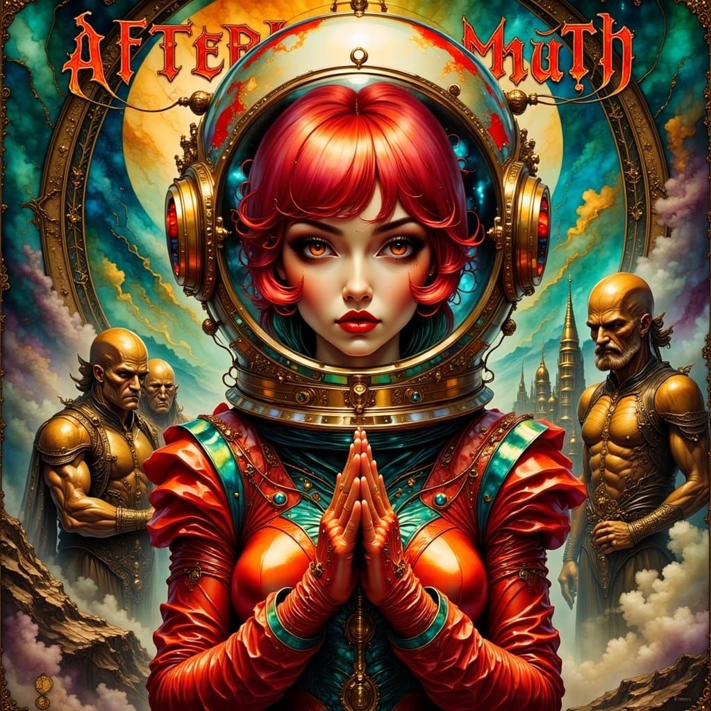 Retro-Futuristic Bombshell in Crimson Spacesuit, Amidst Mart...