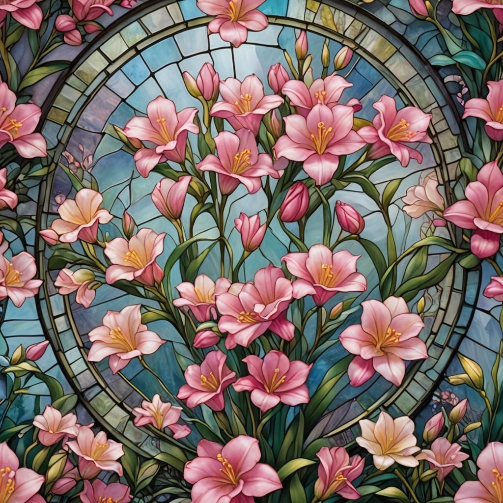 Freesias in Stained Glass: Ethereal Fantasy Art