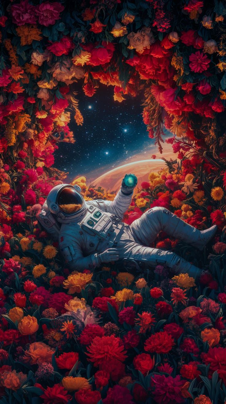 Astronaut in Flower Garden Holding Planet