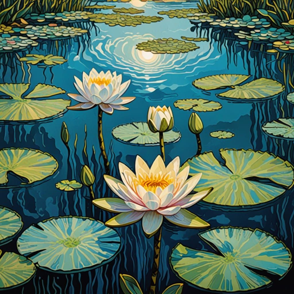 Van Gogh and Dali's Vibrant Water Lilies in Pixel Art