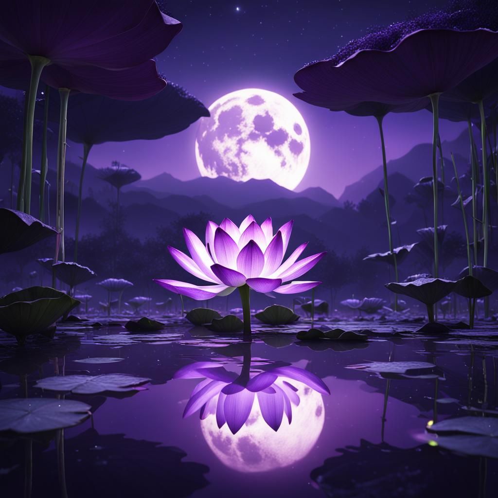 Glowing Purple Lotus in Magical Moonlight Night