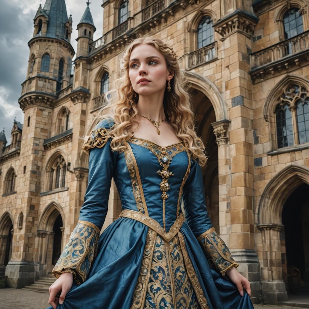 Woman in Medieval Dress at Historic Building