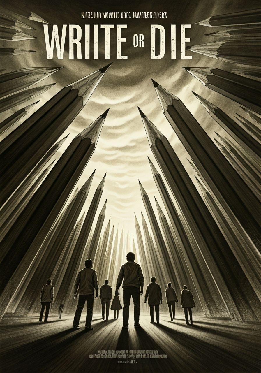 Determined Writers Confront Pencil Cityscape in Charcoal Dra...