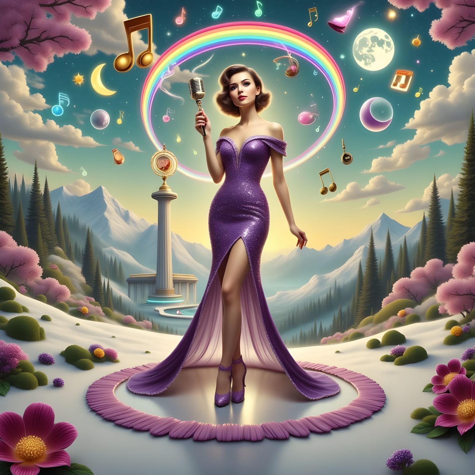 Surreal Girl with Purple Plumage and Tower