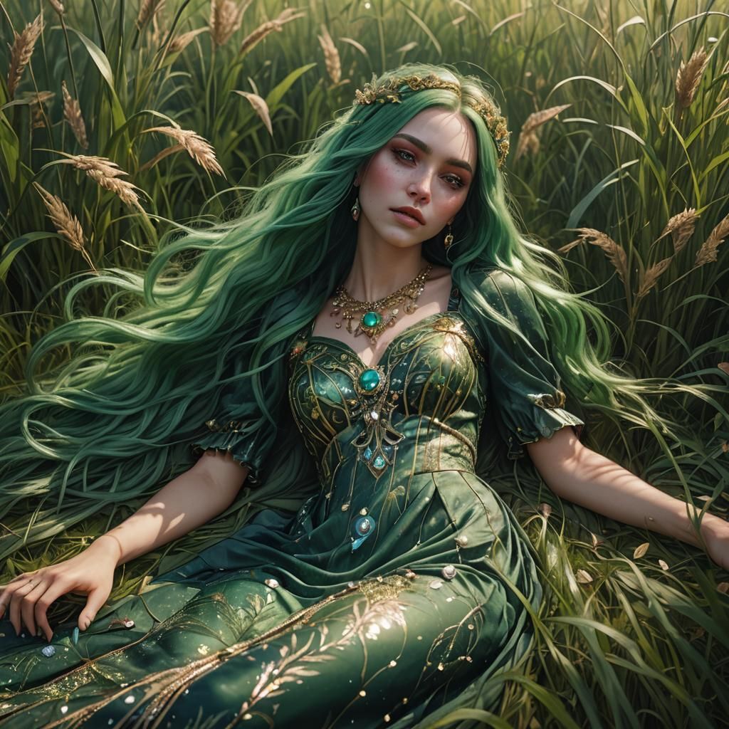 Woman with Green Hair in Grassy Field