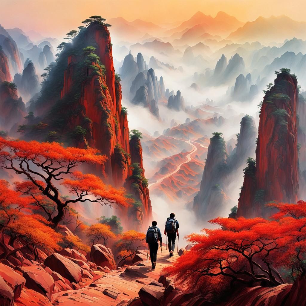 Danxia Mountain Hiker in Chinese Painting Style
