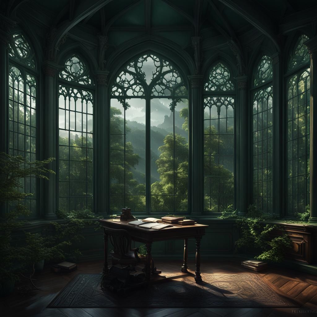 Dark Academia Study Overlooking Dark Green Forest