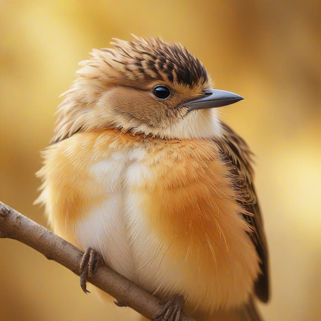 A fluffy bird perched on a branch. 