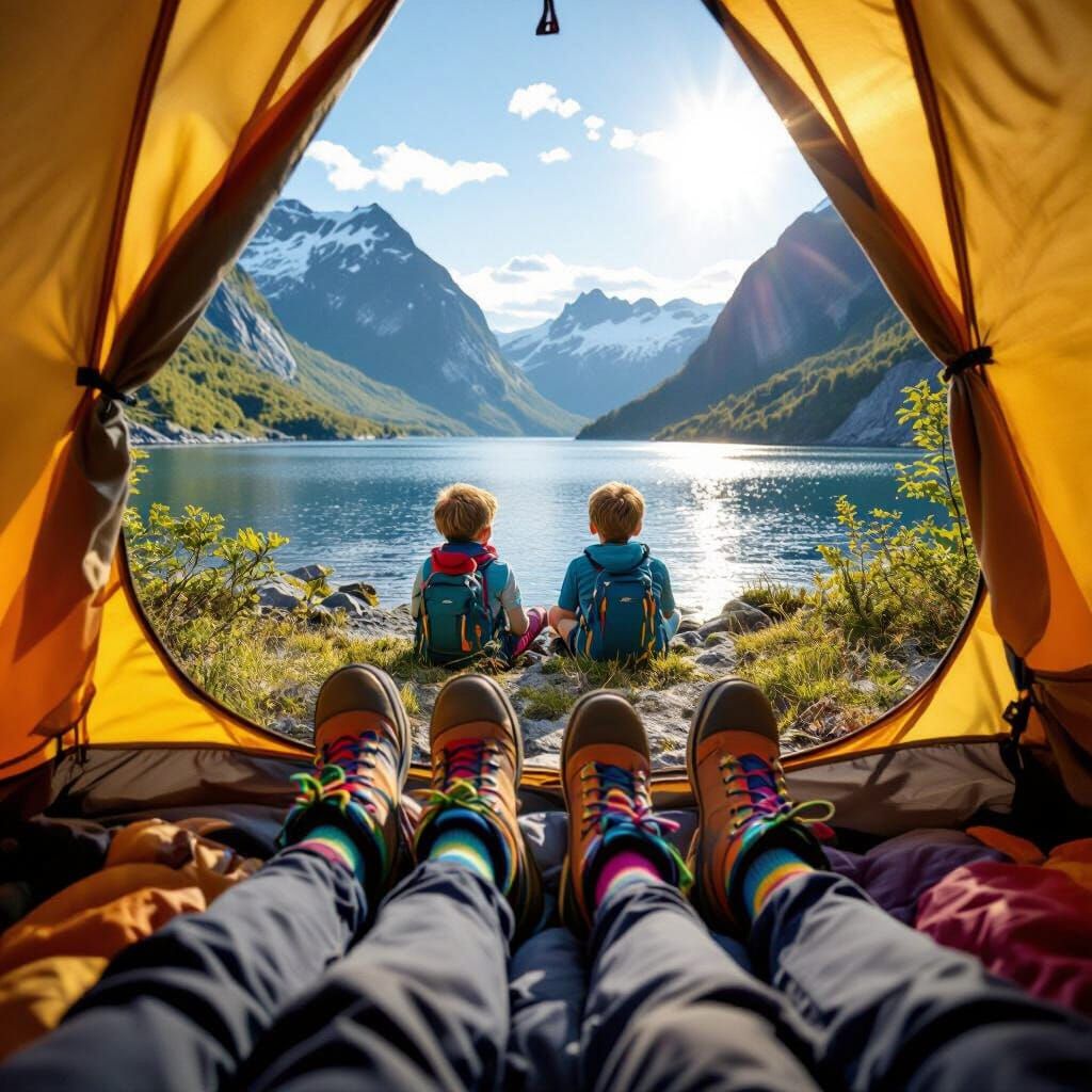 Norwegian Fjord Tent View: Family Hiking Adventure