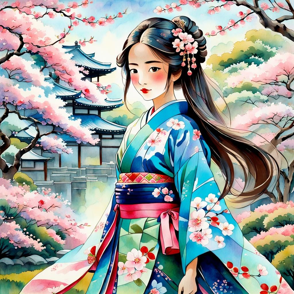 Regal Japanese Princess Painting in Watercolor