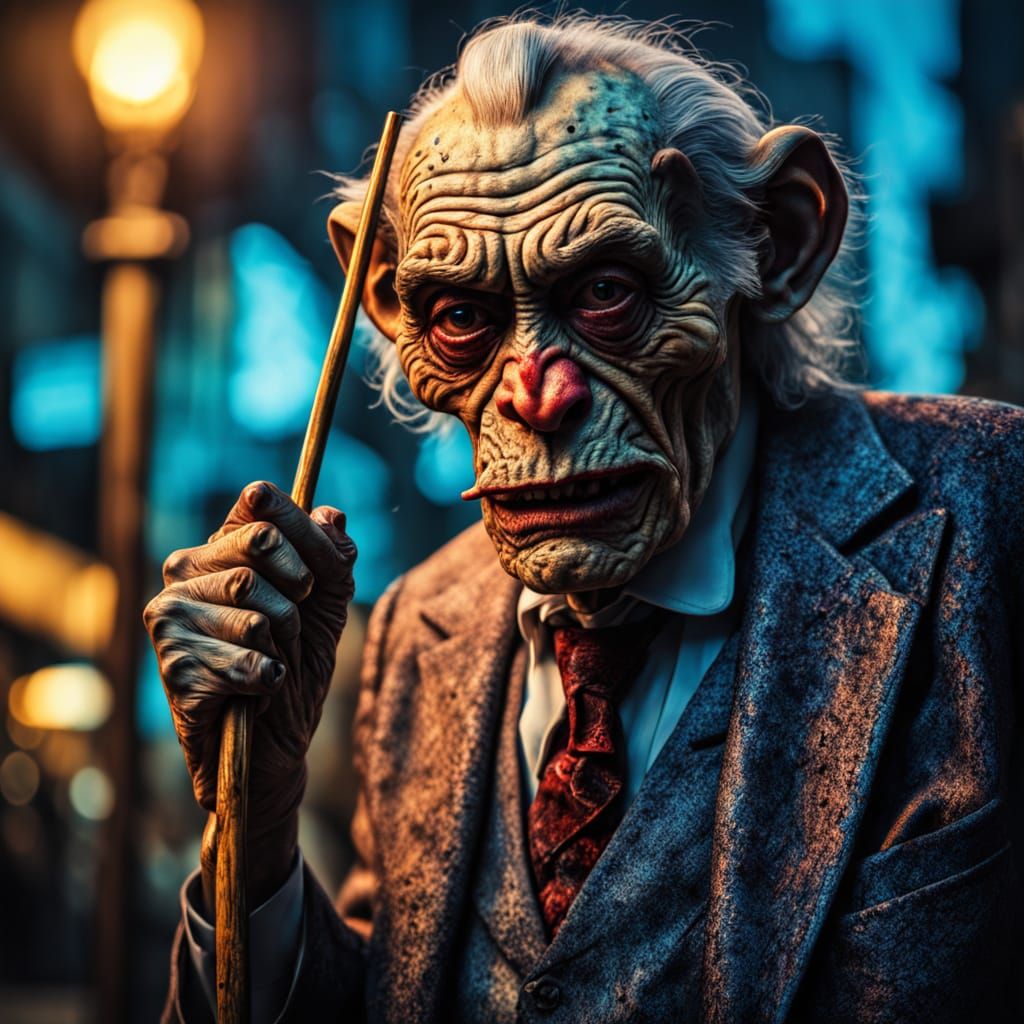 Surrealist Elderly Man Wears Zombie Monkey Monster Clown Mas...
