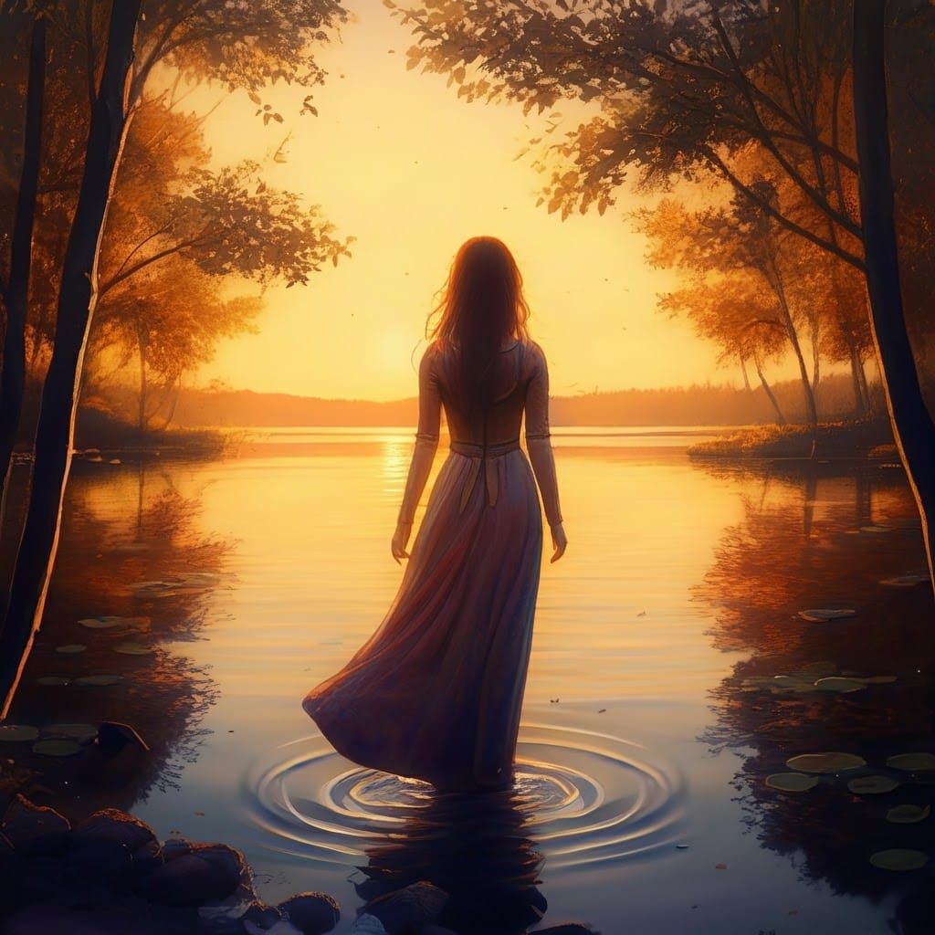 Woman Gazing at Sunset Lake in Impressionist Style