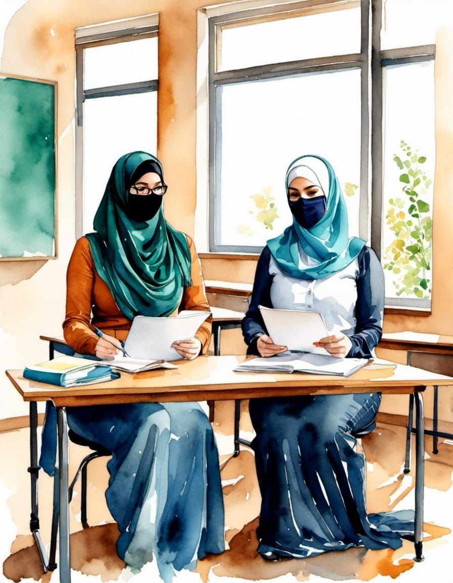 Niqabi and Hijabi Teachers Portrait as Watercolor Painting