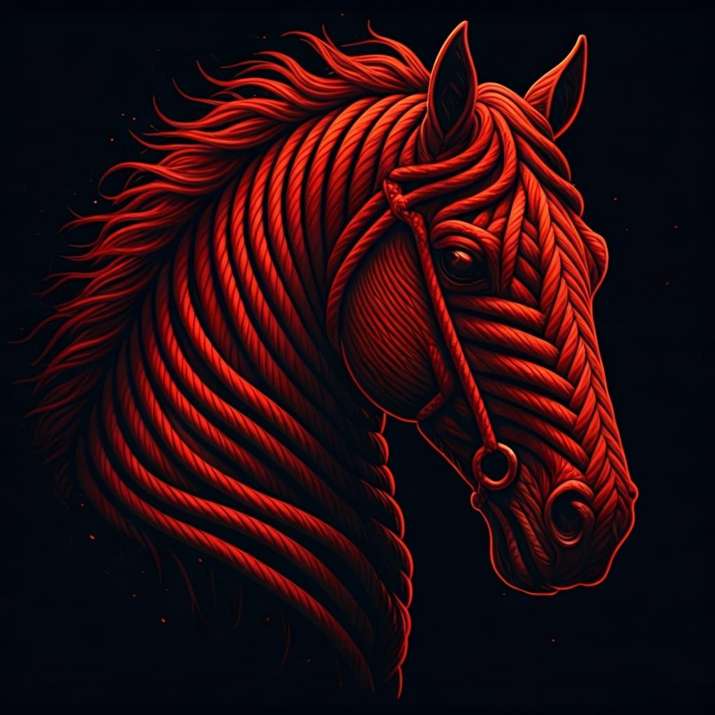 Intricate Red Rope Horse-Head on Black Background
