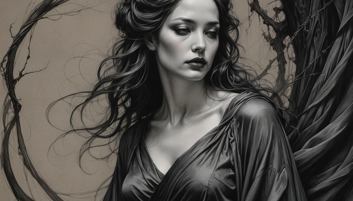 Serene Woman in Draped Robes: Charcoal Drawing